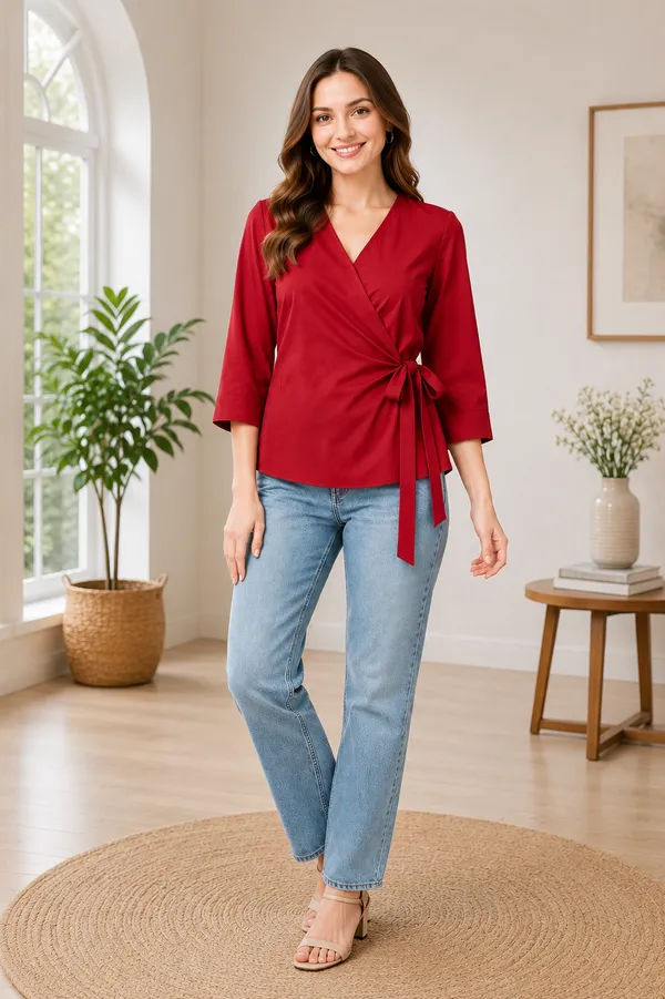 Women's_Red_V-Neck_Wrap_Top_with_Side_Bow_Detail