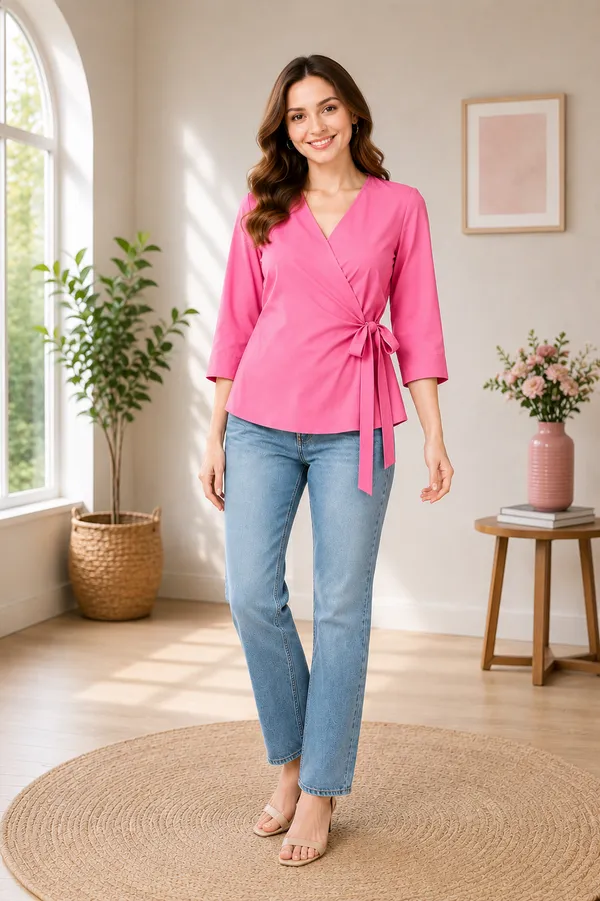 Women's_Pink_V-Neck_Wrap_Top_with_Side_Bow_Detail