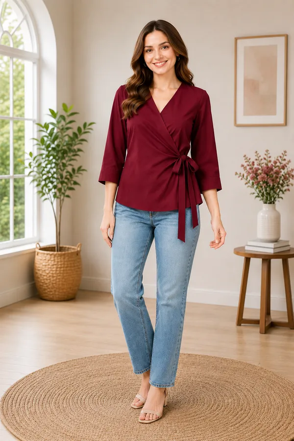 Women's_Maroon_V-Neck_Wrap_Top_with_Side_Bow_Detail