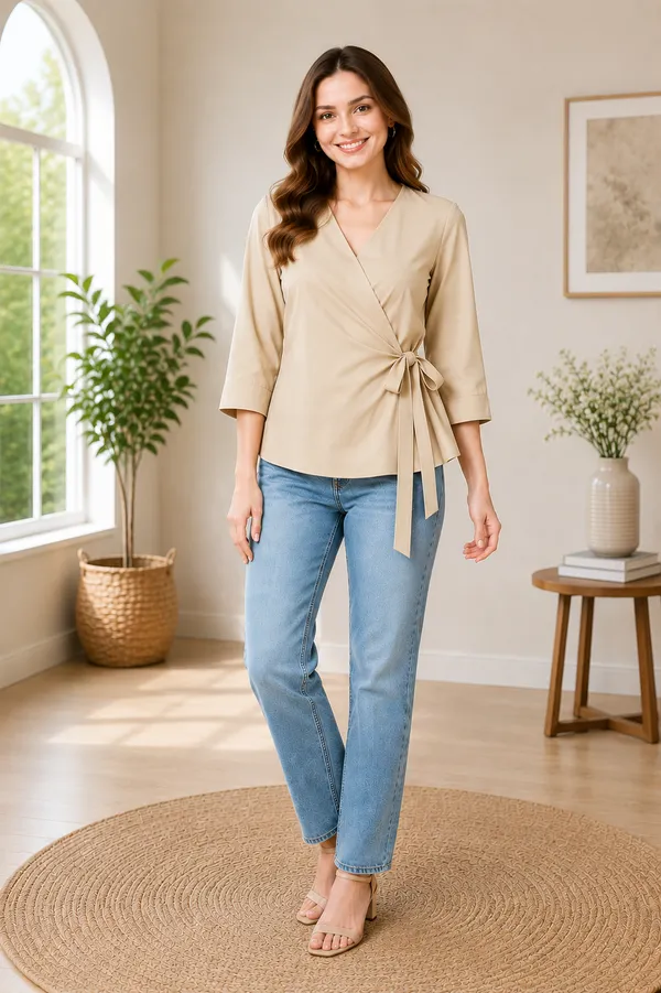 Women's_Beige_V-Neck_Wrap_Top_with_Side_Bow_Detail