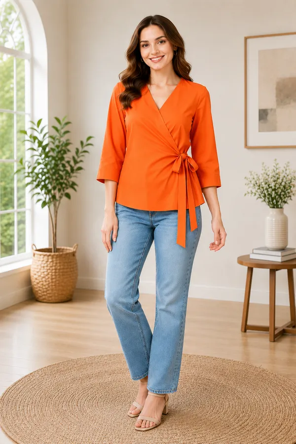 Women's_OrangePink_V-Neck_Wrap_Top_with_Side_Bow_Detail