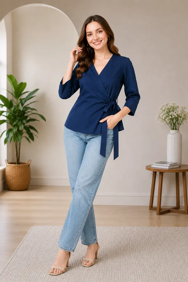 Women's_Dark_Blue_V-Neck_Wrap_Top_with_Side_Bow_Detail