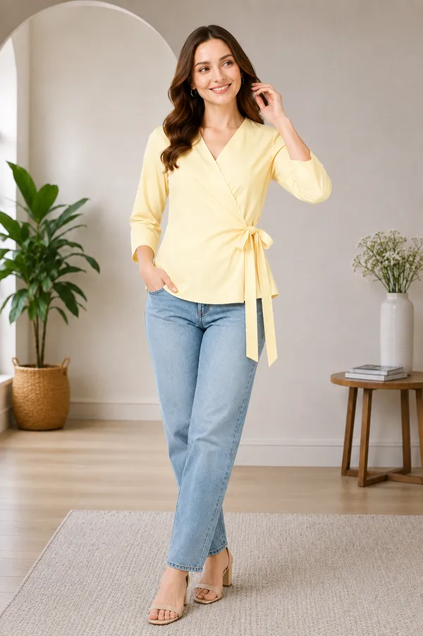 Women's_Light_Yellow_V-Neck_Wrap_Top_with_Side_Bow_Detail