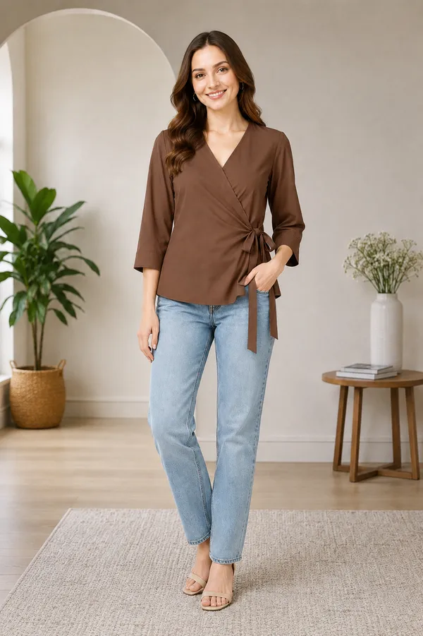 Women's_Brown_Pink_V-Neck_Wrap_Top_with_Side_Bow_Detail