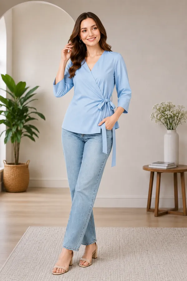 Women's_Sky_Blue_V-Neck_Wrap_Top_with_Side_Bow_Detail