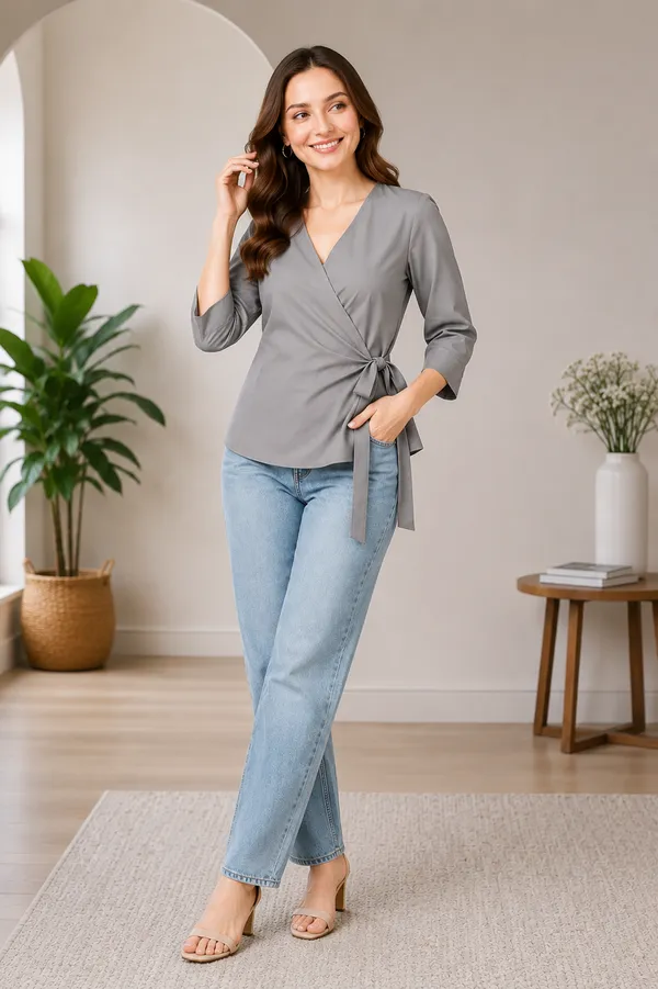 Women's_Grey_V-Neck_Wrap_Top_with_Side_Bow_Detail