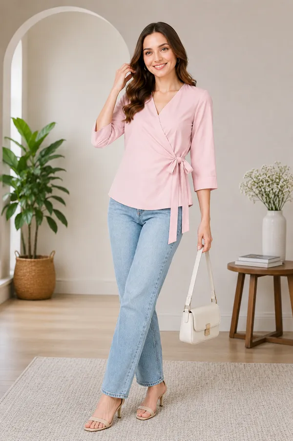 Women's_Light_Pink_V-Neck_Wrap_Top_with_Side_Bow_Detail