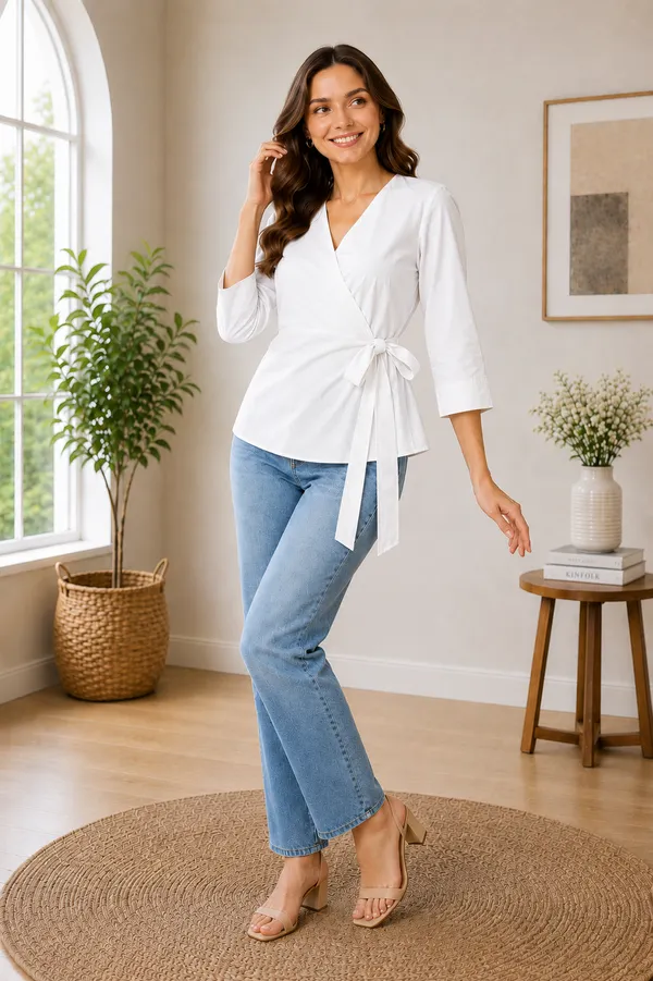 Women's_White_V-Neck_Wrap_Top_with_Side_Bow_Detail