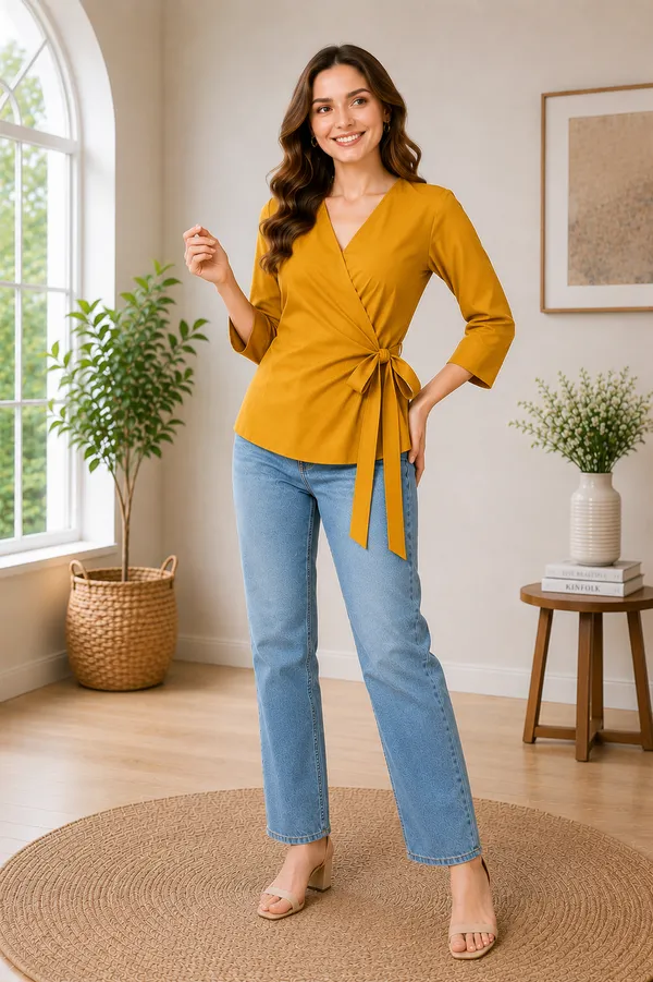 Women's_Mustard_Yellow_V-Neck_Wrap_Top_with_Side_Bow_Detail