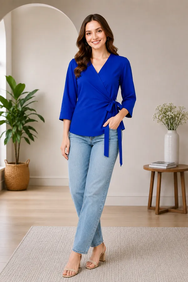 Women's_Blue_V-Neck_Wrap_Top_with_Side_Bow_Detail