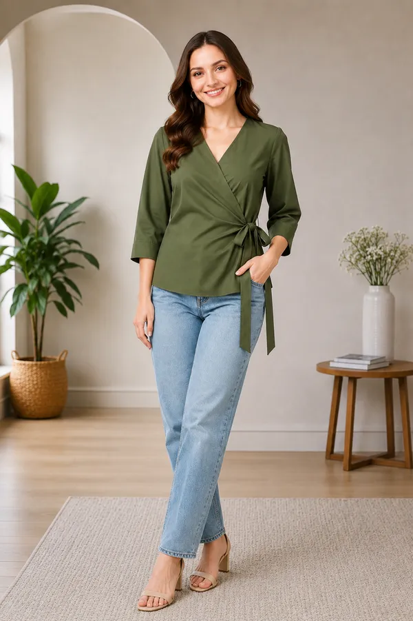 Women's_Olive_Green_V-Neck_Wrap_Top_with_Side_Bow_Detail