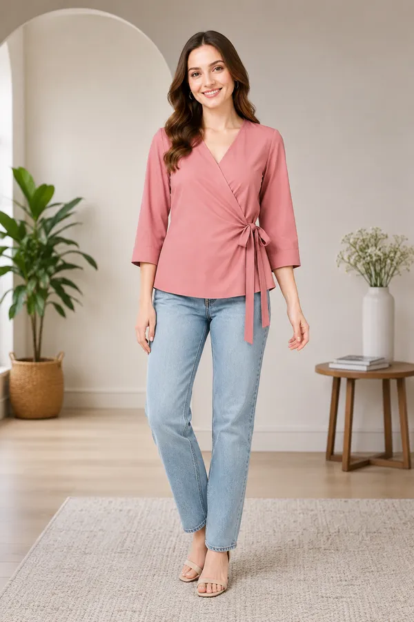 Women's_Rose_Pink_V-Neck_Wrap_Top_with_Side_Bow_Detail