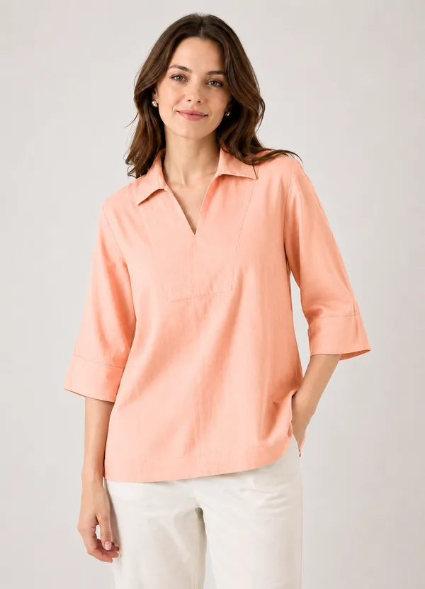 Women's_Solid_Peach_V-Neck_Shirt_Top_with_3/4_Folded_Sleeves_�_Smart_Casual_Wear