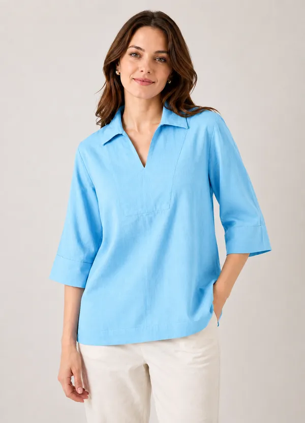 Women's_Solid_Sky_Blue_V-Neck_Shirt_Top_with_3/4_Folded_Sleeves_�_Smart_Casual_Wear