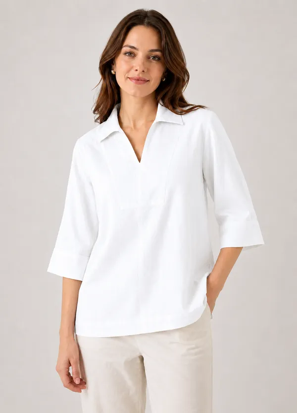 Women's_Solid_White_V-Neck_Shirt_Top_with_3/4_Folded_Sleeves_�_Smart_Casual_Wear