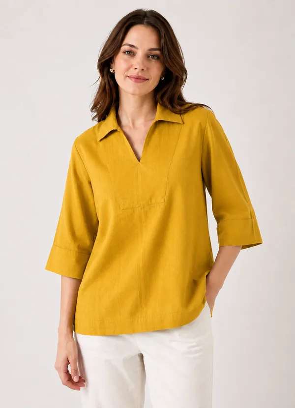 Women's_Solid_Mustard_Yellow_V-Neck_Shirt_Top_with_3/4_Folded_Sleeves_�_Smart_Casual_Wear