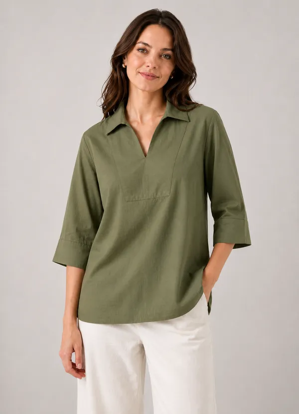 Women's_Solid_Olive_Green_V-Neck_Shirt_Top_with_3/4_Folded_Sleeves_�_Smart_Casual_Wear