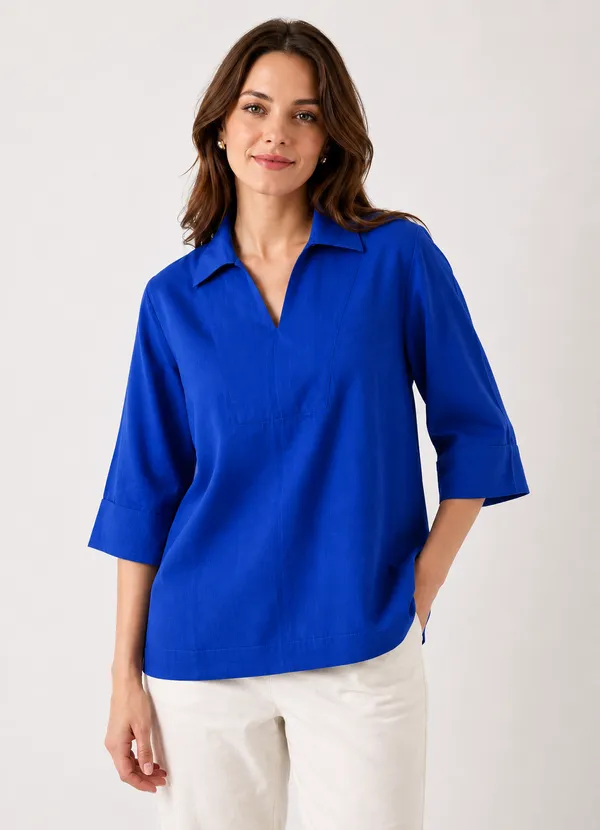 Women's_Solid_Blue_V-Neck_Shirt_Top_with_3/4_Folded_Sleeves_�_Smart_Casual_Wear
