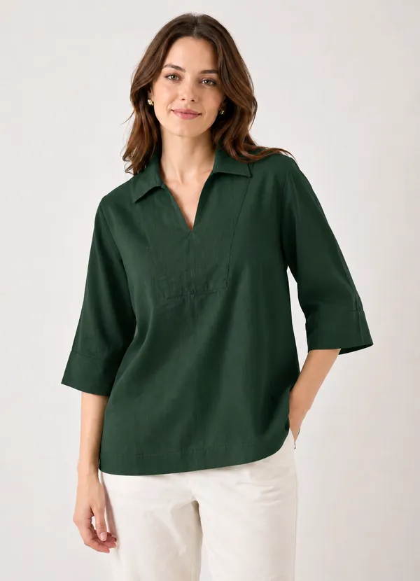 Women's_Solid_Dark_Green_V-Neck_Shirt_Top_with_3/4_Folded_Sleeves_�_Smart_Casual_Wear