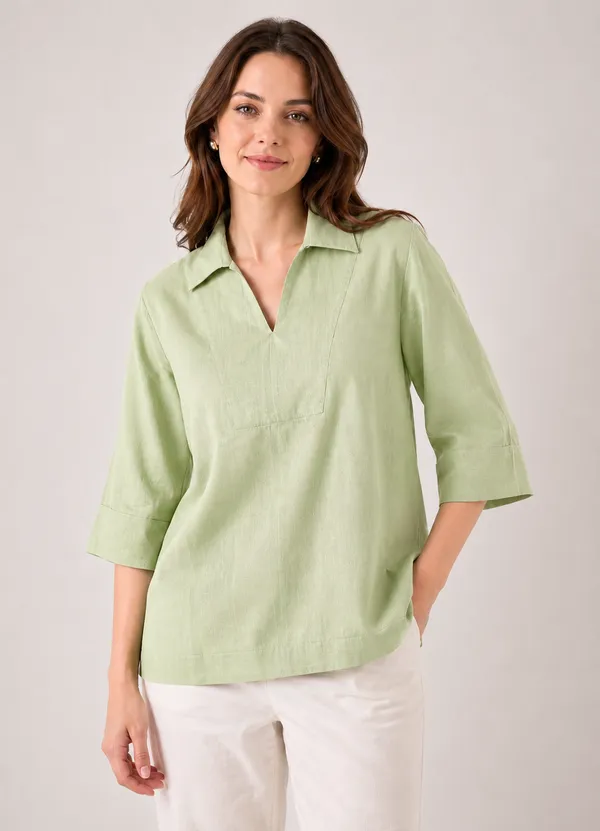 Women's_Solid_Mint_Green_V-Neck_Shirt_Top_with_3/4_Folded_Sleeves_�_Smart_Casual_Wear