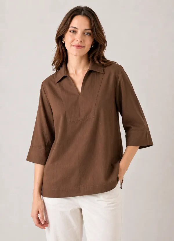 Women's_Solid_Brown_V-Neck_Shirt_Top_with_3/4_Folded_Sleeves_�_Smart_Casual_Wear