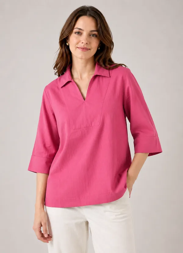 Women's_Solid_Pink_V-Neck_Shirt_Top_with_3/4_Folded_Sleeves_�_Smart_Casual_Wear
