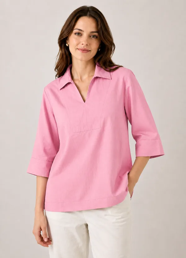 Women's_Solid_Pink_V-Neck_Shirt_Top_with_3/4_Folded_Sleeves_�_Smart_Casual_Wear
