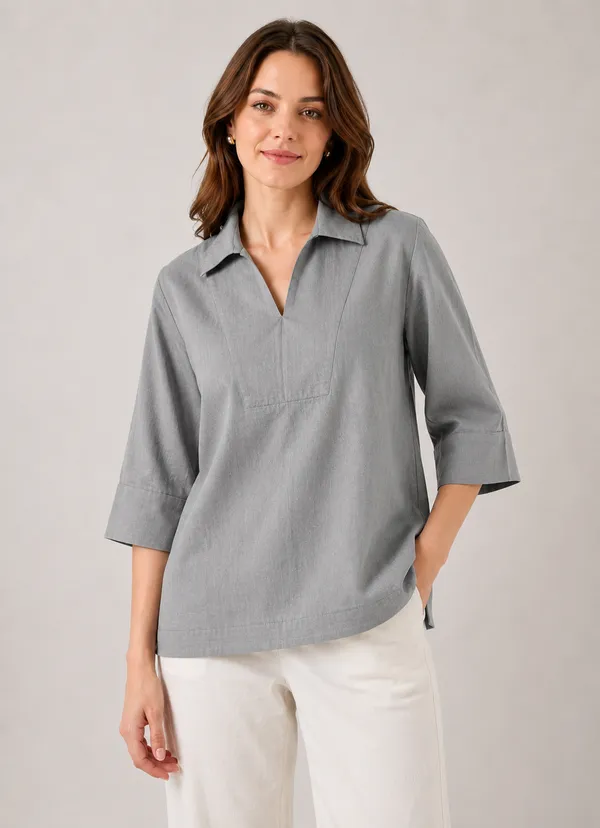Women's_Solid_Grey_V-Neck_Shirt_Top_with_3/4_Folded_Sleeves_�_Smart_Casual_Wear