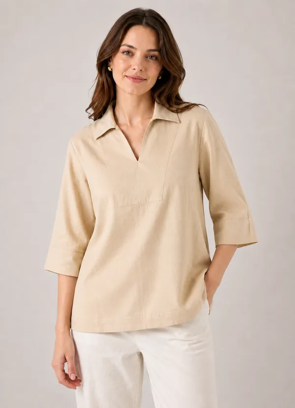 Women's_Solid_Beige_V-Neck_Shirt_Top_with_3/4_Folded_Sleeves_�_Smart_Casual_Wear