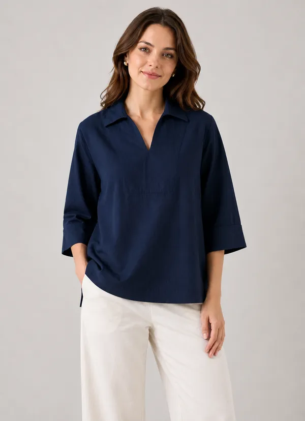 Women's_Solid_Dark_Blue_V-Neck_Shirt_Top_with_3/4_Folded_Sleeves_�_Smart_Casual_Wear