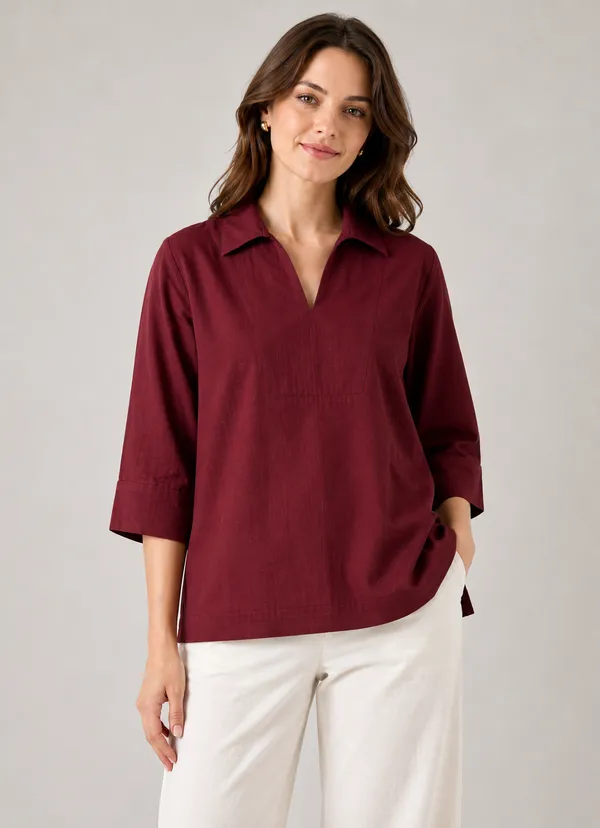 Women's_Solid_Maroon_V-Neck_Shirt_Top_with_3/4_Folded_Sleeves_�_Smart_Casual_Wear