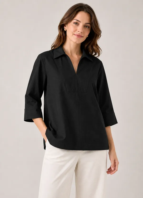 Women's_Solid_Black_V-Neck_Shirt_Top_with_3/4_Folded_Sleeves_�_Smart_Casual_Wear