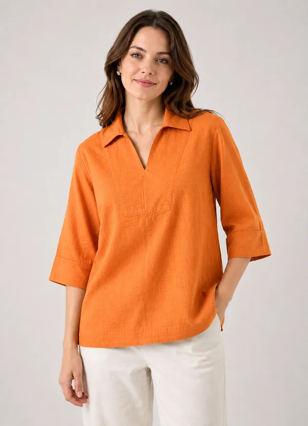 Women's_Solid_Orange_V-Neck_Shirt_Top_with_3/4_Folded_Sleeves_�_Smart_Casual_Wear