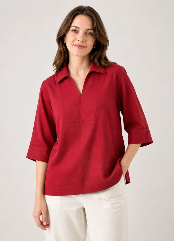 Women's_Solid_Red_V-Neck_Shirt_Top_with_3/4_Folded_Sleeves_�_Smart_Casual_Wear