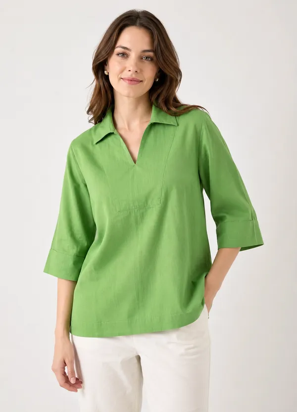 Women's_Solid_Green_V-Neck_Shirt_Top_with_3/4_Folded_Sleeves_�_Smart_Casual_Wear