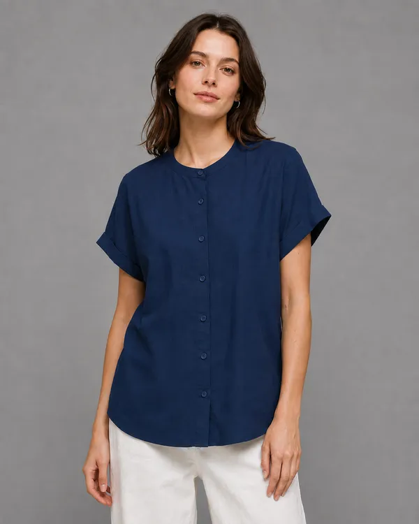 Women's_Dark_Blue_Cotton_Short_Sleeve_Shirt_�_Relaxed_Fit_Mandarin_Collar_Top