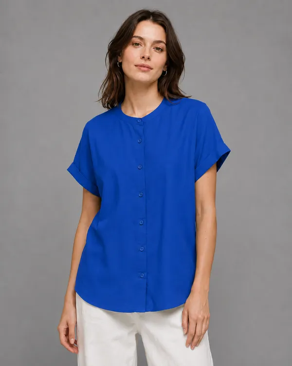 Women's_Royal_Blue_Cotton_Short_Sleeve_Shirt_�_Relaxed_Fit_Mandarin_Collar_Top