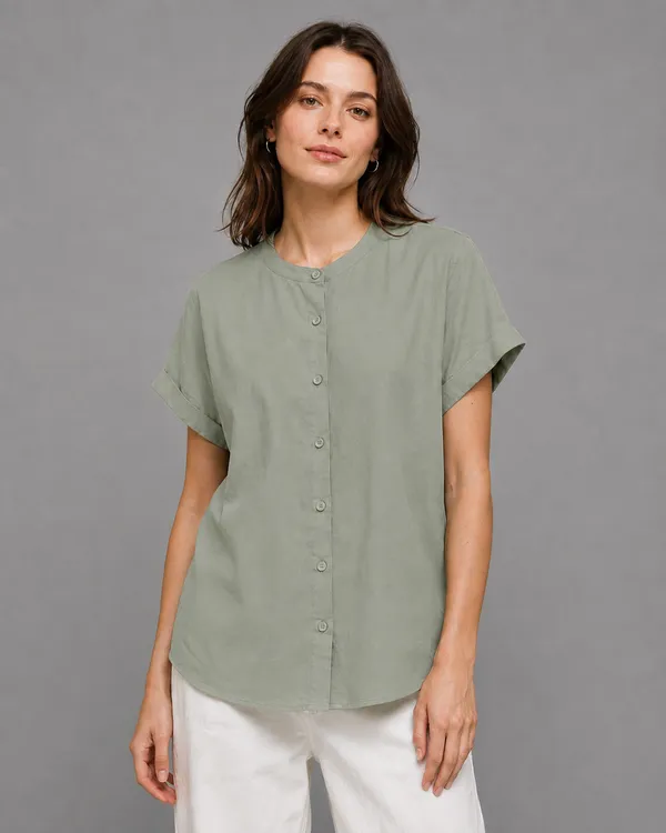 Women's_Sage_Green_Cotton_Short_Sleeve_Shirt_�_Relaxed_Fit_Mandarin_Collar_Top