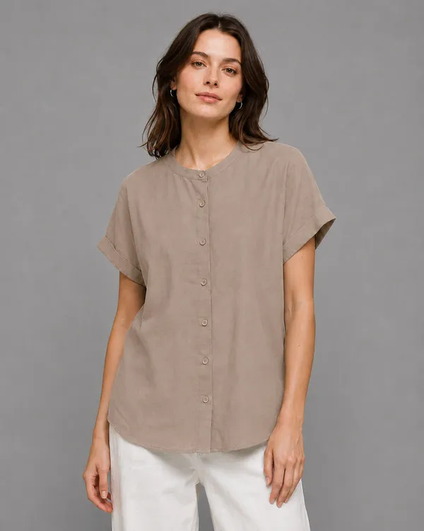 Women's_Taupe_Cotton_Short_Sleeve_Shirt_�_Relaxed_Fit_Mandarin_Collar_Top