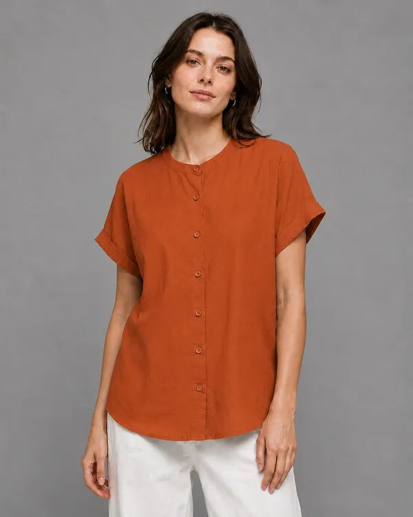 Women's_Rust_Orange_Cotton_Short_Sleeve_Shirt_�_Relaxed_Fit_Mandarin_Collar_Top