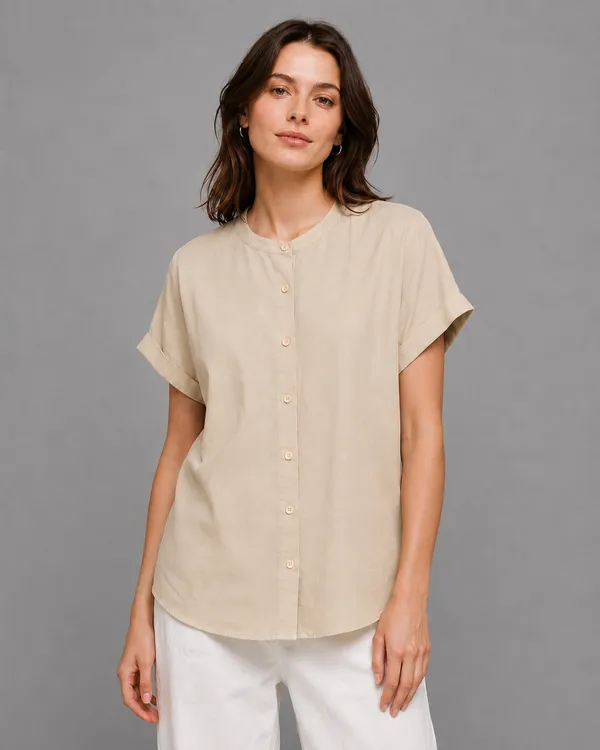 Women's_Sand_Beige_Cotton_Short_Sleeve_Shirt_�_Relaxed_Fit_Mandarin_Collar_Top