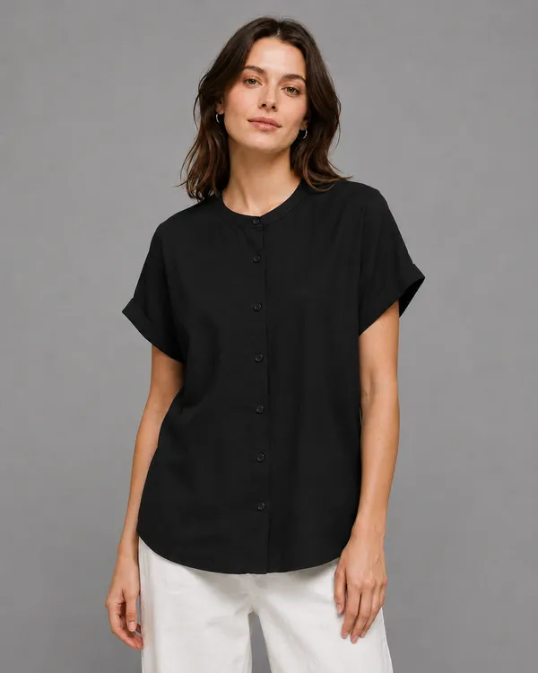 Women's_Black_Cotton_Short_Sleeve_Shirt_�_Relaxed_Fit_Mandarin_Collar_Top