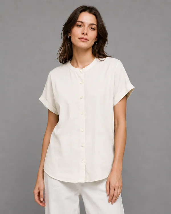 Women's_Off_whi_Cotton_Short_Sleeve_Shirt_�_Relaxed_Fit_Mandarin_Collar_Top