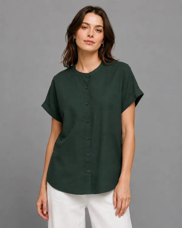 Women's_Dark_Green_Cotton_Short_Sleeve_Shirt_�_Relaxed_Fit_Mandarin_Collar_Top