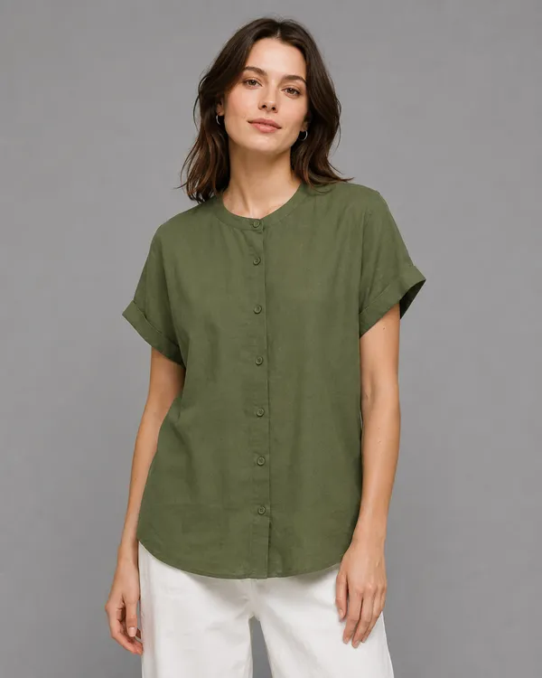 Women's_Olive_Green_Cotton_Short_Sleeve_Shirt_�_Relaxed_Fit_Mandarin_Collar_Top