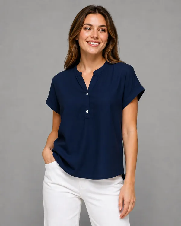 Women's_Dark_Blue_Cotton_Notch_Neck_Short_Sleeve_Casual_Top_|_Relaxed_Fit_Pullover_Blouse