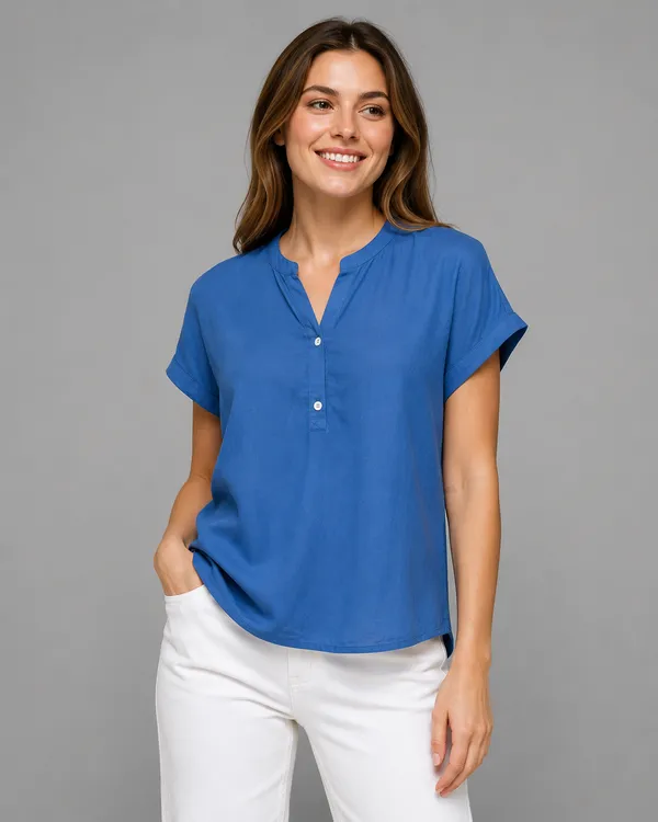Women's_Royal_Blue_Cotton_Notch_Neck_Short_Sleeve_Casual_Top_|_Relaxed_Fit_Pullover_Blouse