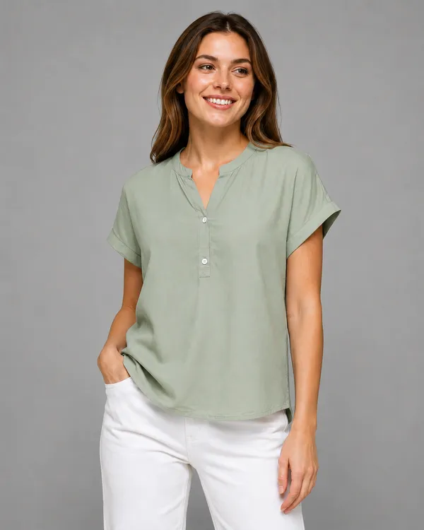 Women's_Sage_Green_Cotton_Notch_Neck_Short_Sleeve_Casual_Top_|_Relaxed_Fit_Pullover_Blouse