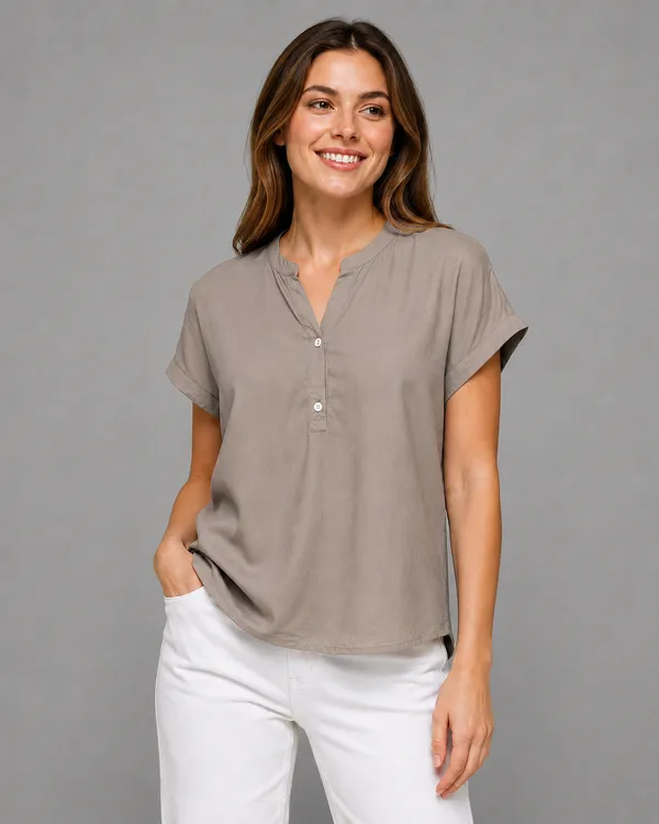 Women's_Taupe_Cotton_Notch_Neck_Short_Sleeve_Casual_Top_|_Relaxed_Fit_Pullover_Blouse
