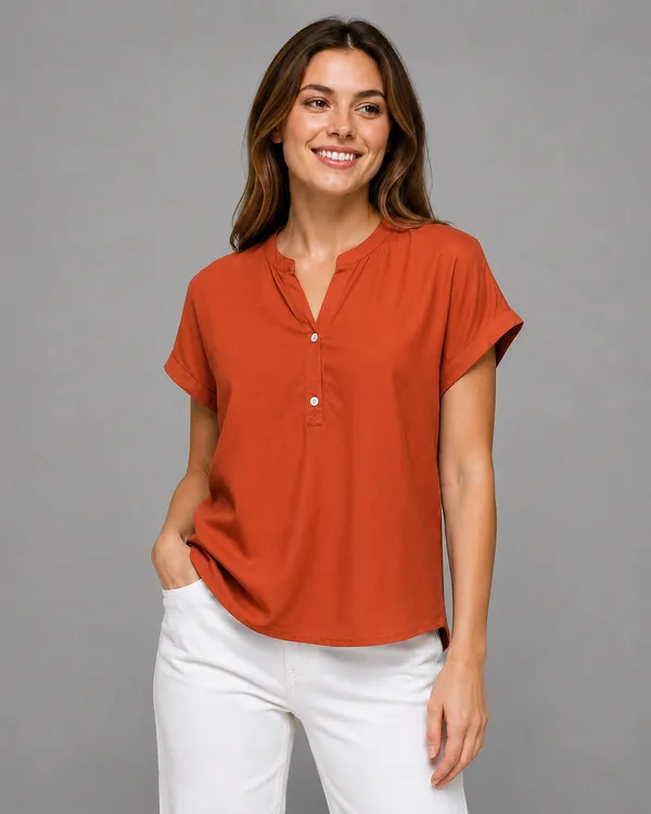 Women's_Rust_Orange_Cotton_Notch_Neck_Short_Sleeve_Casual_Top_|_Relaxed_Fit_Pullover_Blouse